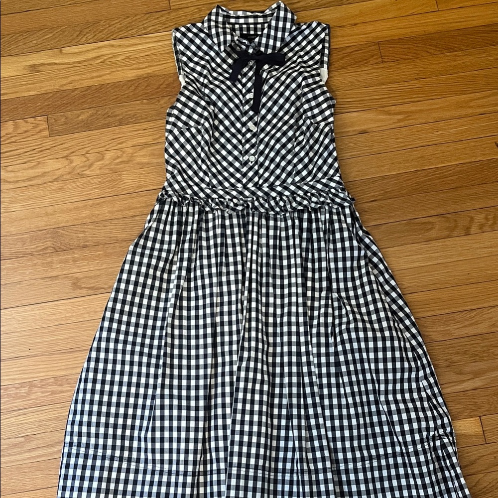 J. Crew Navy and White Gingham Sleeveless Midi Dress with Bow